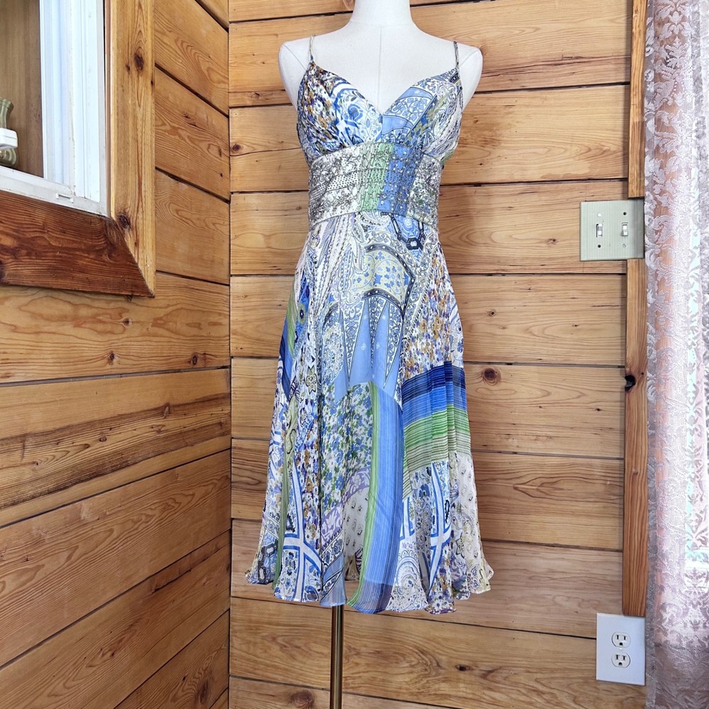 Vintage 100% Silk Paisley Patchwork Dress Size 4 Blue Handkerchief JS Collection